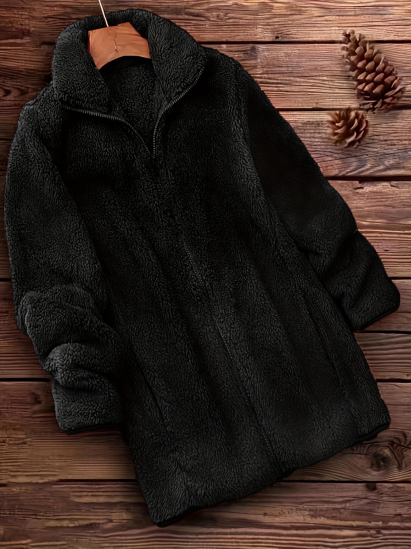 [Long Sleeve Winter Teddy Coat] Zip Up Solid Teddy Coat, Casual Long Sleeve Winter Outerwear, Women's Clothing