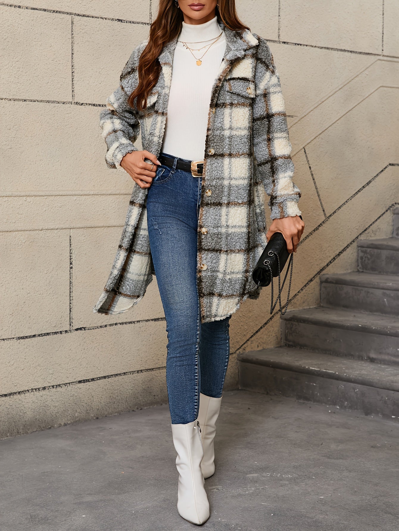 [Plaid Fuzzy Jacket] Fuzzy Plaid Pattern Jacket | Casual Thermal Long Sleeve Long Length Collar Coat For Fall & Winter, Women's Clothing
