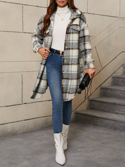 [Plaid Fuzzy Jacket] Fuzzy Plaid Pattern Jacket | Casual Thermal Long Sleeve Long Length Collar Coat For Fall & Winter, Women's Clothing