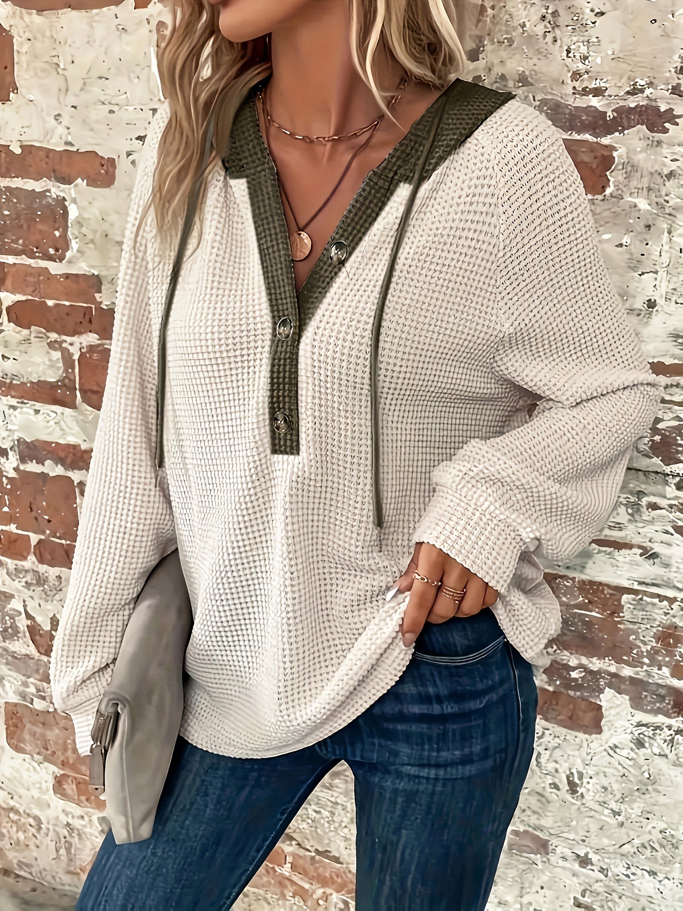 Color Block Button Front Drawstring Hoodie, Casual Long Sleeve Hoodie Sweatshirt, Women's Clothing