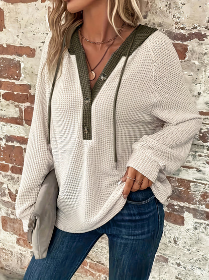 Color Block Button Front Drawstring Hoodie, Casual Long Sleeve Hoodie Sweatshirt, Women's Clothing
