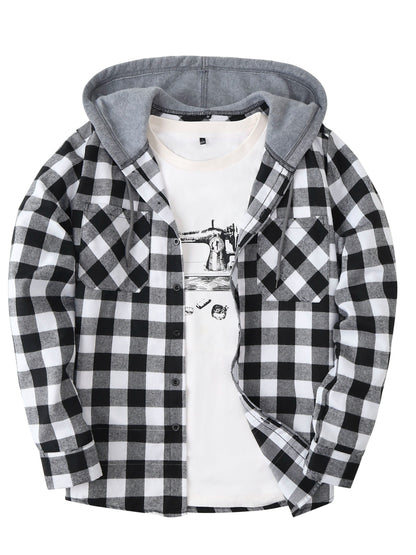 Men's Casual Plaid Hoodie Shirt - Long Sleeve Button-Up with Drawstring Hood, Red & Yellow Gingham Print, Polyester Blend, Comfortable and Stylish for Casual Attire, Essential Hoodie