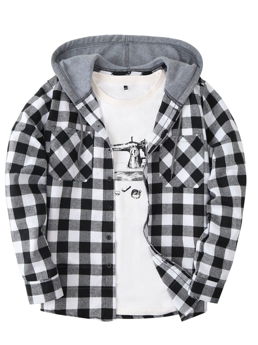 Men's Casual Plaid Hoodie Shirt - Long Sleeve Button-Up with Drawstring Hood, Red & Yellow Gingham Print, Polyester Blend, Comfortable and Stylish for Casual Attire, Essential Hoodie