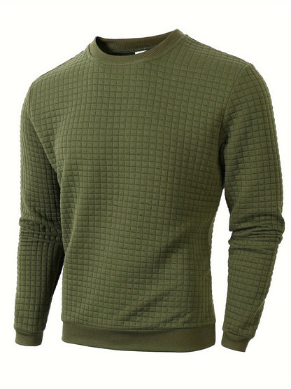 Men's Casual Sporty Grid Pattern Sweater - Soft Round Neck Long Sleeve Pullover, Regular Fit for Autumn Winter, Hand Washable