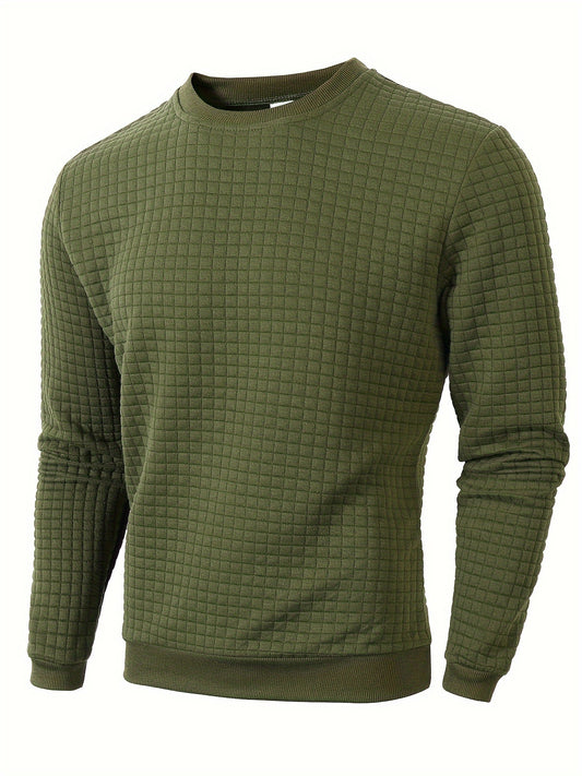 Men's Casual Sporty Grid Pattern Sweater - Soft Round Neck Long Sleeve Pullover, Regular Fit for Autumn Winter, Hand Washable