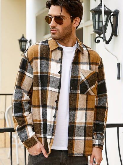 Men's Casual Flannel Shirt Coat - Solid Color Lapel Button-Up with Chest Pocket, Machine Washable Non-Stretch Fabric, Regular Fit Autumn Winter Outerwear, Autumn Apparel, Flannel, Long Sleeve Button Casual Shirt