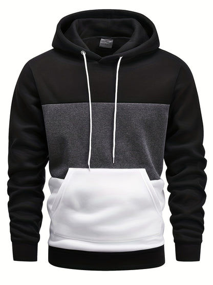 Men's Color Block Hoodie - Casual Pullover with Kangaroo Pocket, Long Sleeve, Polyester Blend, Machine Washable