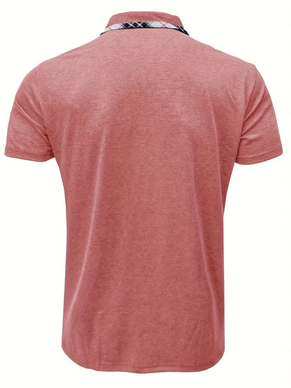 Men'S Plus Size Short Sleeve Polo Shirt with Plaid Collar and Button Details - Casual Summer Style, Regular Fit, Slight Stretch Fabric, Plus Size Shirts, PLUS SIZE