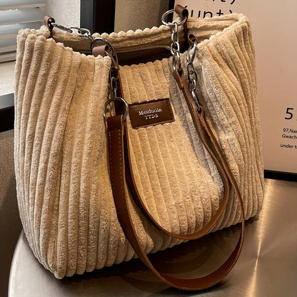 [Travel Essential] Women'S Corduroy Tote Bag - Large Capacity Shoulder Bag with Fixed Strap, Zipper Closure, and Ribbed Texture in Brown/Grey/Black/White for Commuting and Short Trips, Casual Shoulder Bag | Minimalist Shoulder Bag | Soft Texture