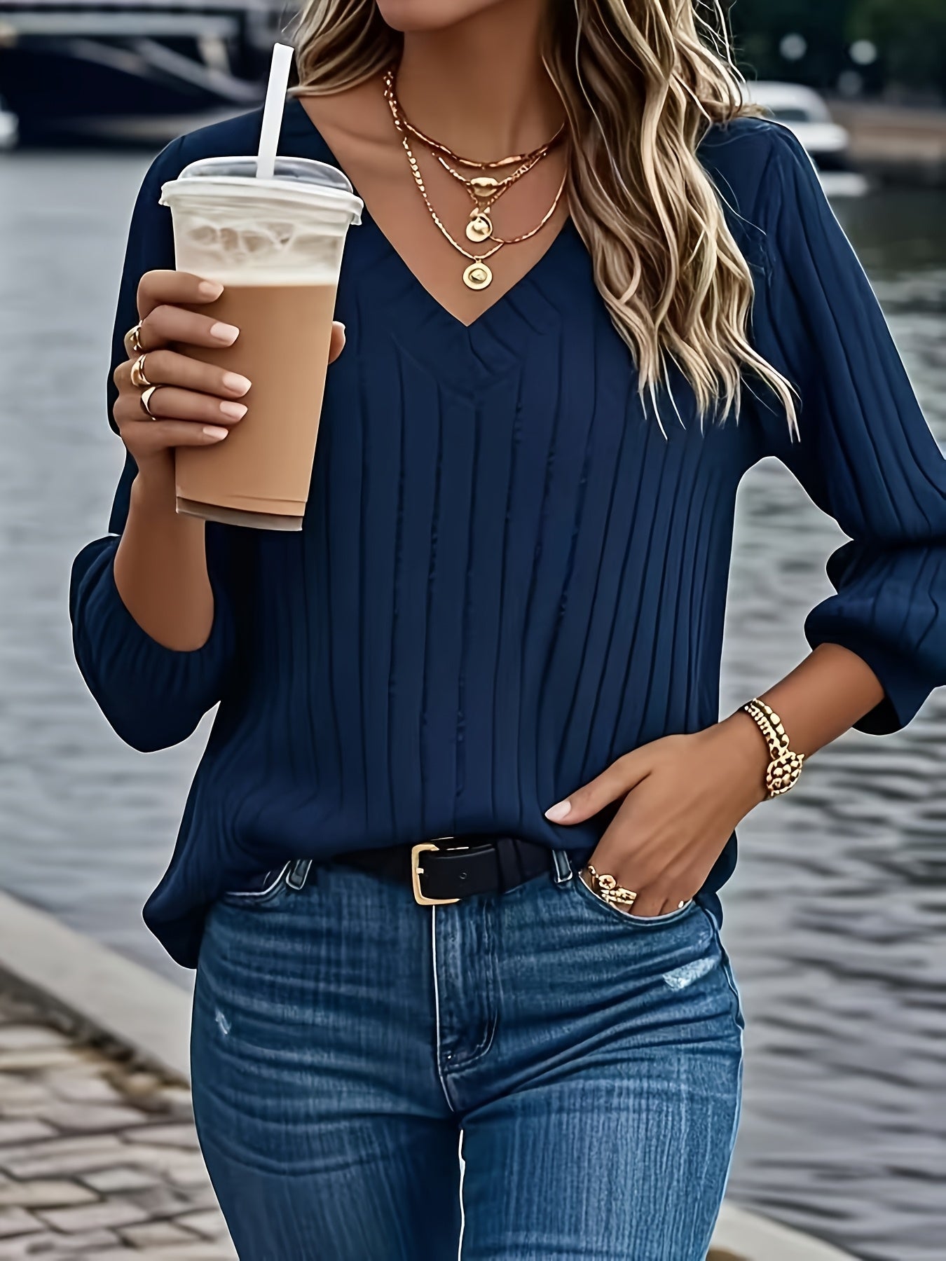 [Cozy Ribbed V-Neck Sweater] Cozy Olive Green Ribbed V-Neck Sweater - Women's Loose Fit, Casual Style, Perfect for Fall/Winter