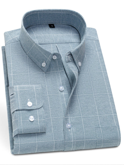 Men'S Light Blue Gingham Oxford Shirt - Casual Business Style, Button-Up with Chest Pocket, Non-Stretch Fabric, Perfect for Spring & Fall, Casual Business Attire | Gingham Pattern Shirt | Nonstretch Fabric