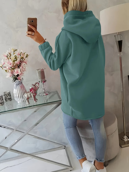 Women'S Casual Black Hooded Jacket with Front Pockets - Long Sleeve, Ripped Jeans & White Sneakers, Perfect for Spring/Fall, Autumn Fashion Jacket | Relaxed Fit Hoodie | Zippered Hoodie