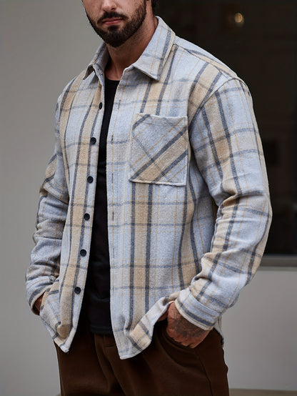 Men's Casual Flannel Shirt Coat - Solid Color Lapel Button-Up with Chest Pocket, Machine Washable Non-Stretch Fabric, Regular Fit Autumn Winter Outerwear, Autumn Apparel, Flannel, Long Sleeve Button Casual Shirt