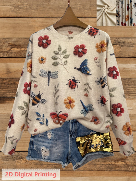 Women'S Lightweight Sweater - 2D Digital Printing-All-Over Floral & Insect Print in Beige/Red/Blue/Black/White/Gray/ - Soft Everyday Pullover for Fall/Winter - Casual Chic Sweater for Everyday & Formal Outfits - Women'S Sweater, Ladies Sweaters,