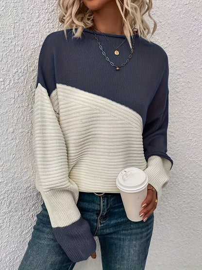 Womens Elegant Color Block Funnel Neck Pullover Sweater - Soft High Elasticity Acrylic Knit Fabric, Long Sleeve Drop Shoulder Design, Easy Care Hand Wash or Dry Clean, Perfect for Fall and Winter - Classic Style for Casual Daily Wear