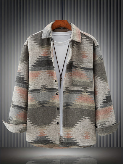Various Pattern Men's Casual Long Sleeve Lapel Shirt, Men's Thick Outwear For Fall Winter