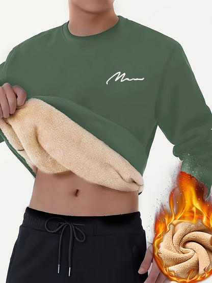 Men's Winter Warm Fleece-Lined Crew Neck Sweatshirt - Casual Black Long Sleeve with MOM" Embroidery