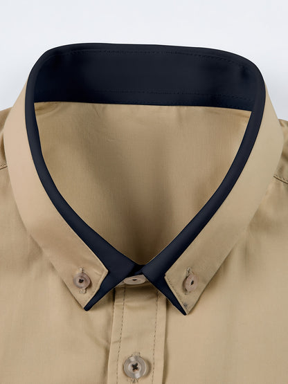 Men's Contrast Collar Design Lapel Collar Design Dress Shirts, Long Sleeve Casual Button Up Shirt For Formal Occasions