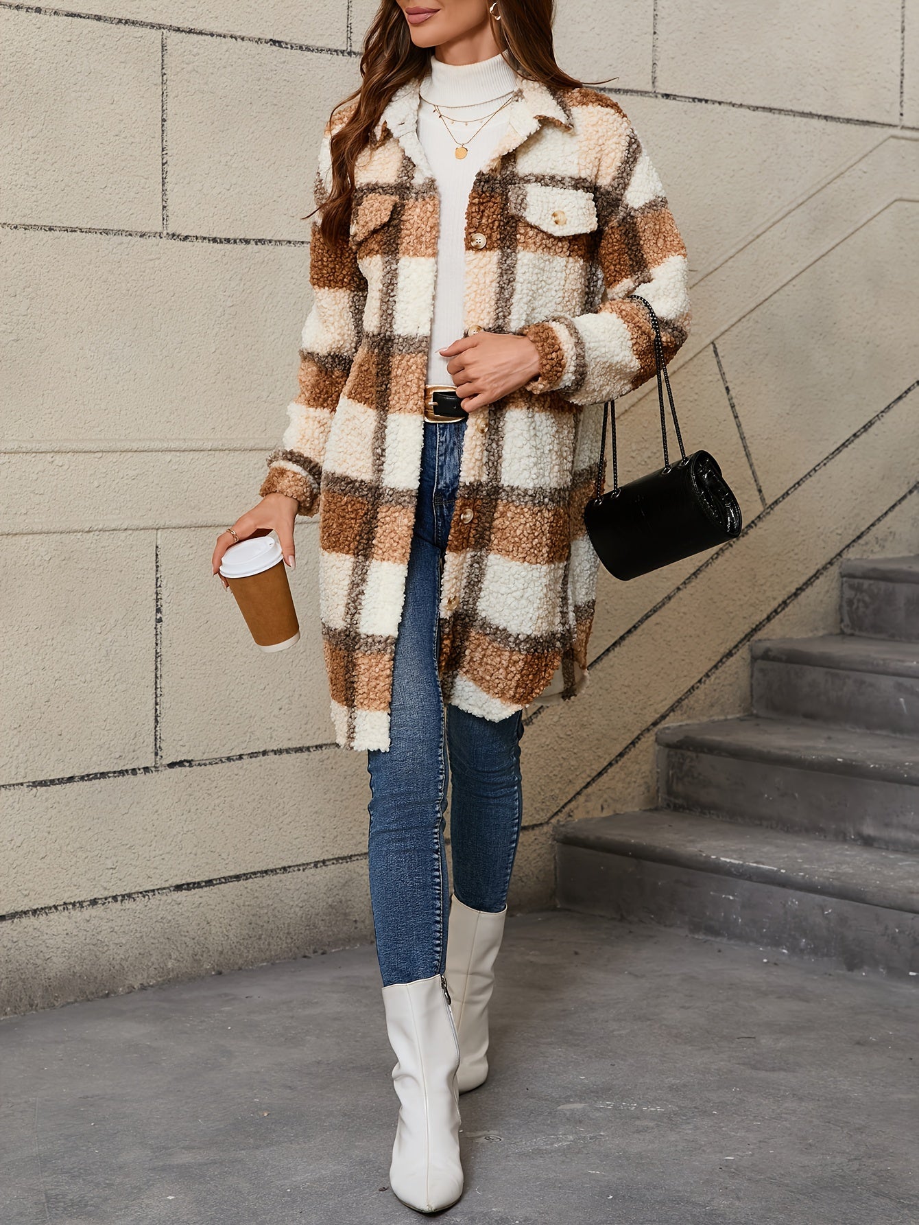 [Plaid Fuzzy Jacket] Fuzzy Plaid Pattern Jacket | Casual Thermal Long Sleeve Long Length Collar Coat For Fall & Winter, Women's Clothing