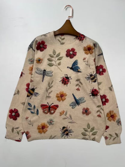 Women'S Lightweight Sweater - 2D Digital Printing-All-Over Floral & Insect Print in Beige/Red/Blue/Black/White/Gray/ - Soft Everyday Pullover for Fall/Winter - Casual Chic Sweater for Everyday & Formal Outfits - Women'S Sweater, Ladies Sweaters,